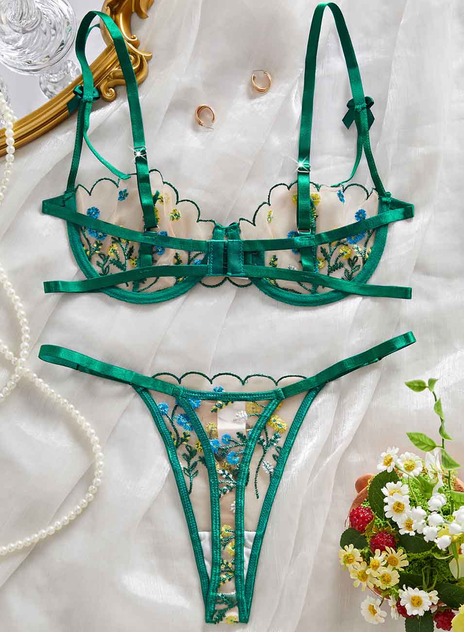 Ladies Sexy Multicolor Embroidery Bow Lingerie Set