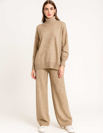 Ladies Solid Color High Collar Long Sleeves Sweater & Pants Set