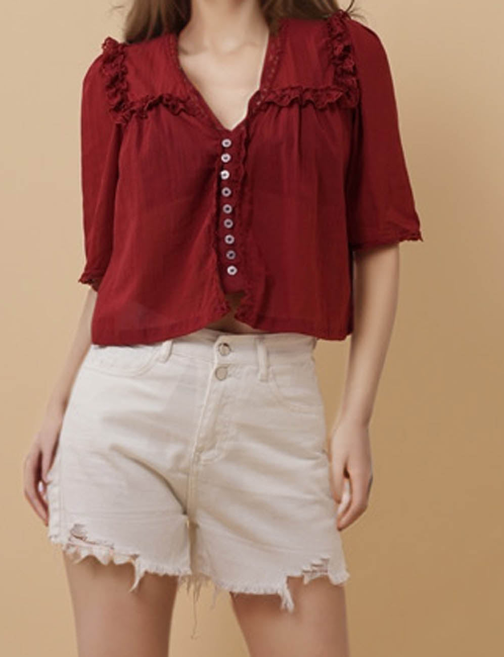 Ladies Peter Pan Collar Lace Ruffle Short Sleeves Blouse SKT51346