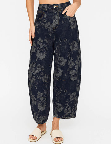 Ladies Vintage Denim Pants Floral Print Barrel Pants
