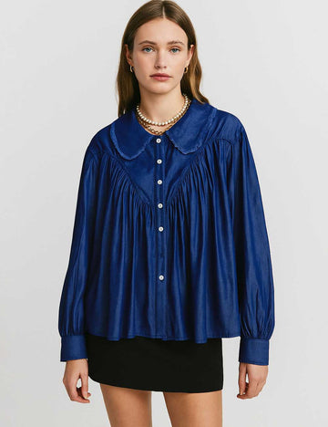 Ladies Eyelet Trim Peter Pan Collar Lantern Sleeves Blouse