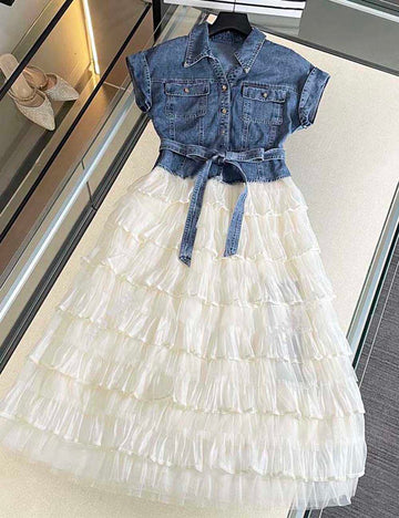 Ladies Turndown Collar Short Sleeves Denim Mesh Midi Dress