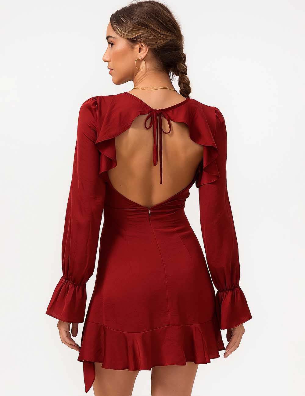 Ladies Stain Wrap Tie Ruffle Hem Back Cut-Out Mini Dress