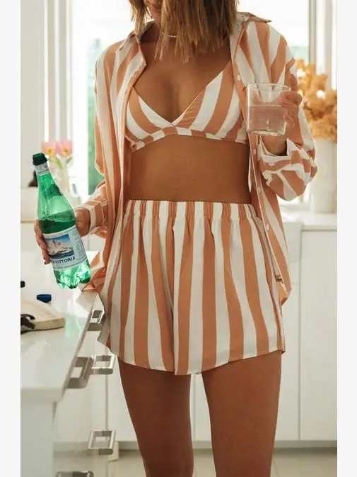 Ladies Stripe Top and Shorts Daily 3PCS Set SKST1704