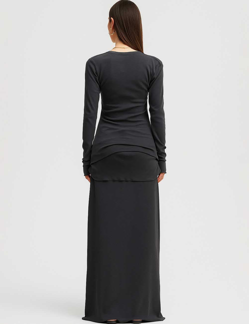 Ladies Irregular Neckline Ruched Top & Maxi Skirt 2PCS Set