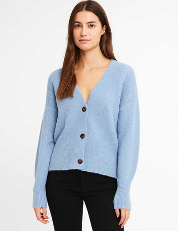 Ladies Solid Color Fluffy V-Neck Buttton Closure Knit Cardigan