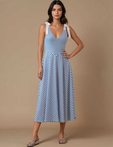 Ladies Color Block Strap Shoulder Lace Up Striped Midi Dress