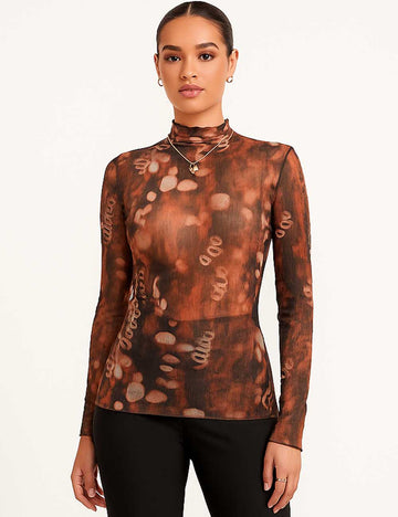 Women Turtle Neck Print See Sheer Layering Top Blouse