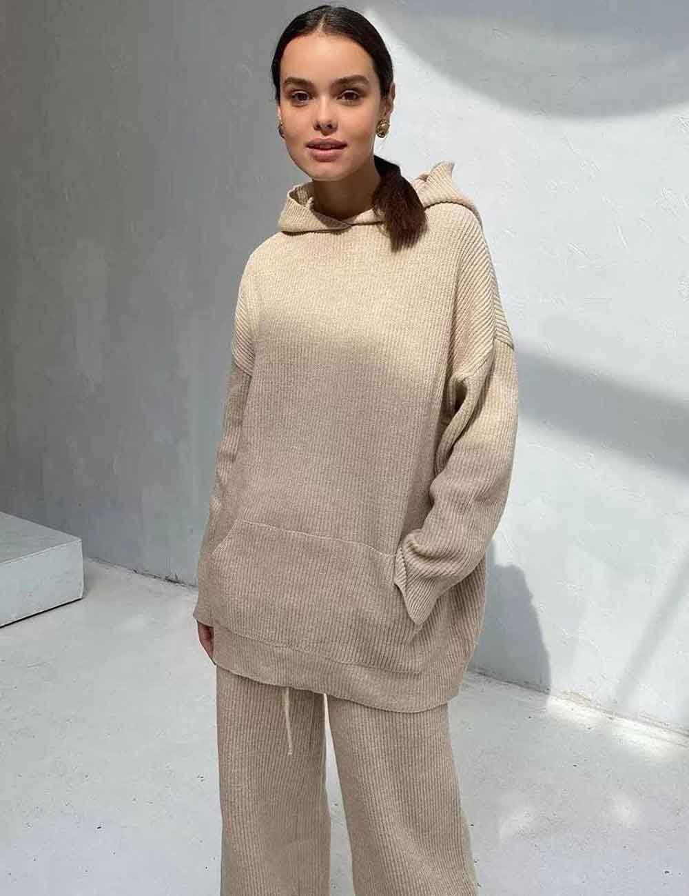 Solid Color Hoodie Top and Pant Set Sweater Set 9263