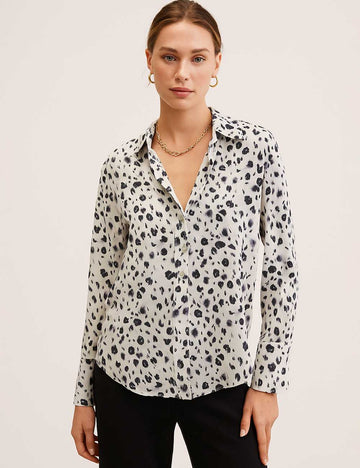 Ladies Stain Dalmatian Print Button Down Long Sleeves Shirt