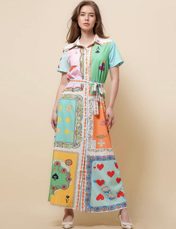 Ladies Turndown Neck Squeezer Print Maxi Dress SKD51178