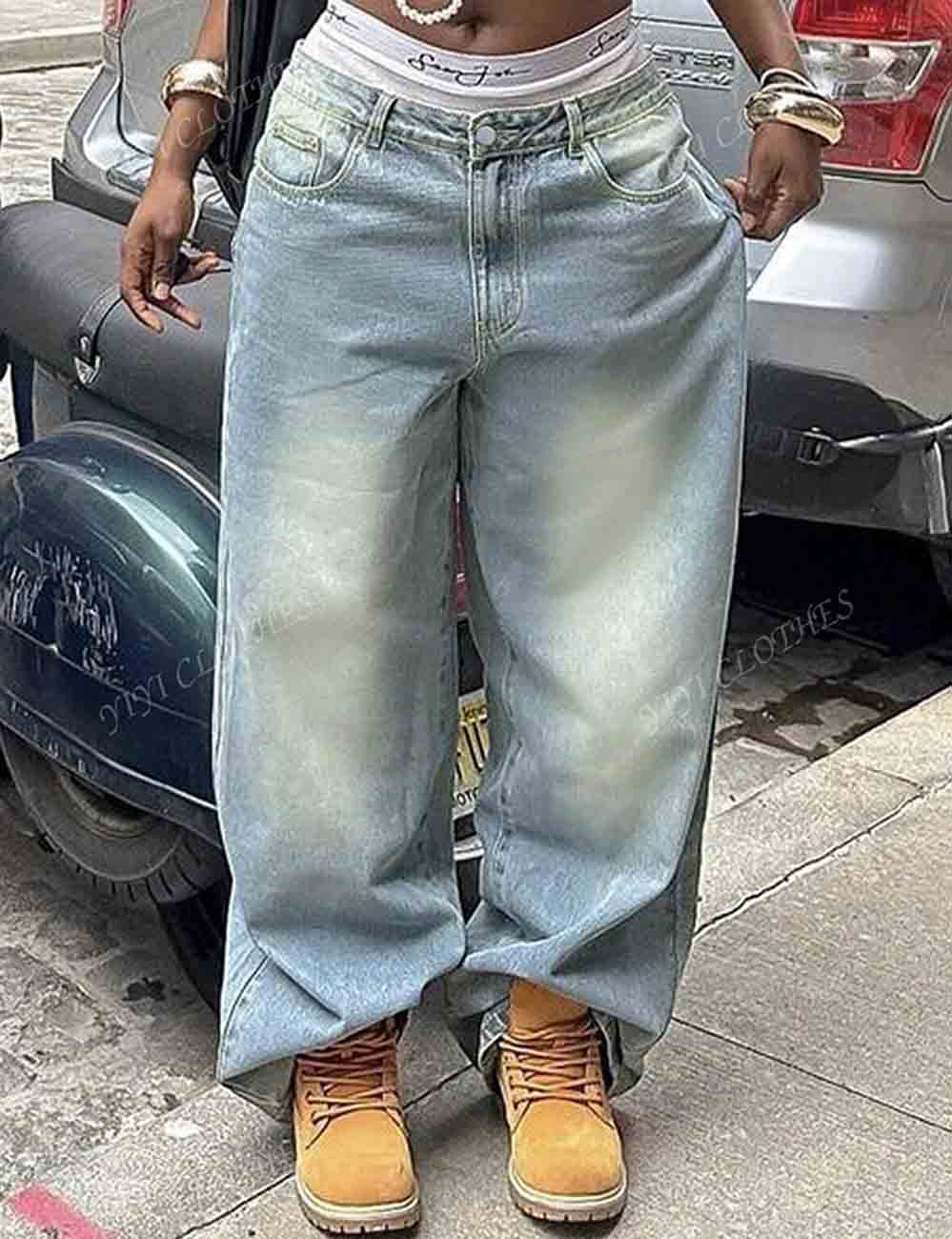 Ladies Baggy Jeans Pocket Wide Leg Denim Pants