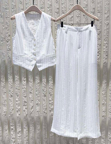 Ladies V-Neck Button Closure Striped Vest Top & Pants
