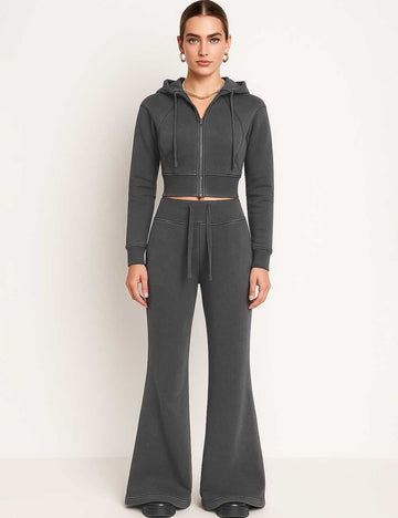 Ladies Hooded Zipper Closure Flared Leg Sweatshirt & Pants Set