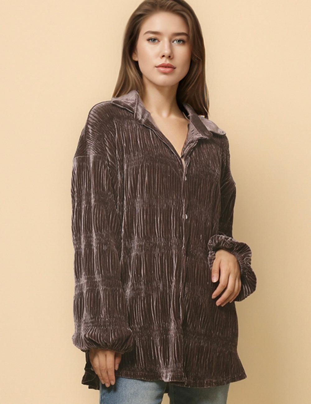 Ladies Velvet Long Lantern Sleeve Button Down Shirt SKT4781