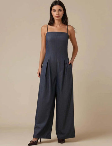 Ladies Square Neck String Shoulder Wide Leg Denim Jumpsuit