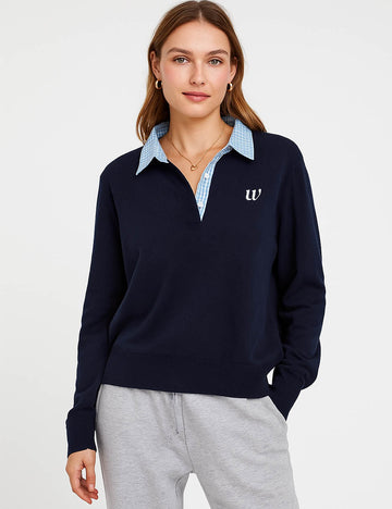 Ladies Color Block Lapel Pullover Long Sleeves Sweatshirt
