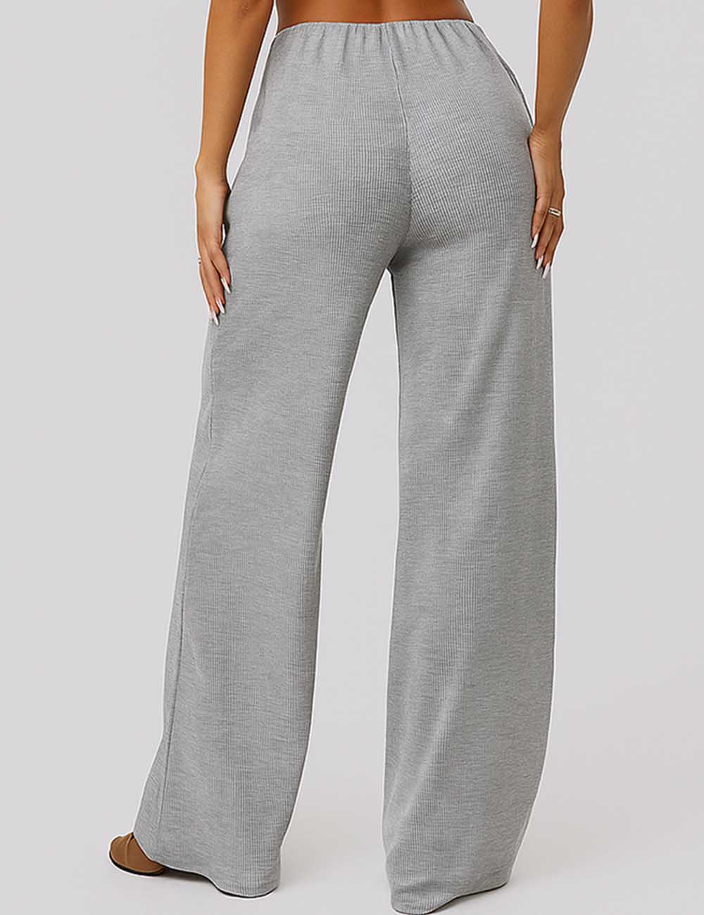 Ladies Solid Color Elastic Waist String Tie Wide Leg Pants