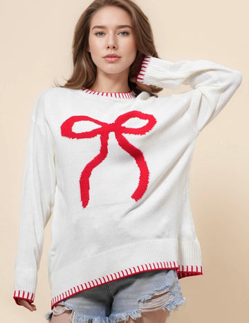 Ladies color block bowknot knit pullover Sweater SKT41052