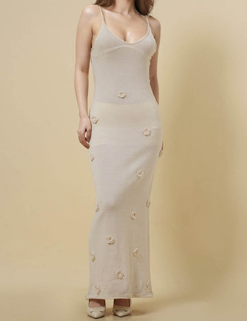 Ladies Knit Flower Backless Strape Tie Maxi Dress 8SKD51106