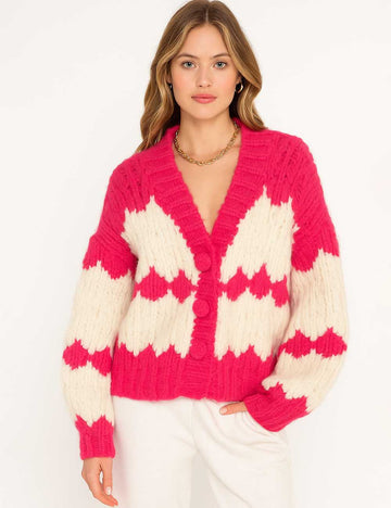 SKTF312 Women Color Block V-Neck Knit Sweater Cardigan