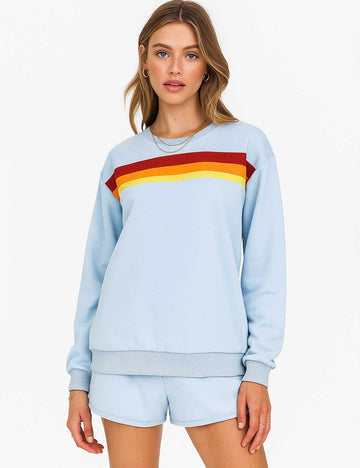 Ladies Colorful Striped Round Neck Sweatshirt & Shorts Set