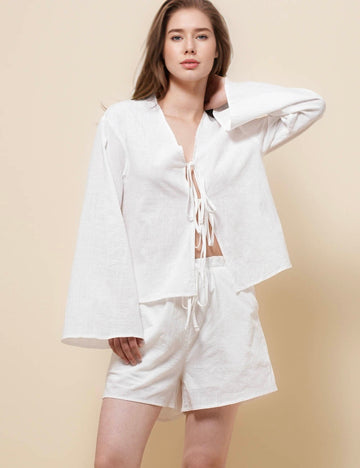 Ladies V-Neck Long Sleeves String Tie Top & Shorts Set SKST51090