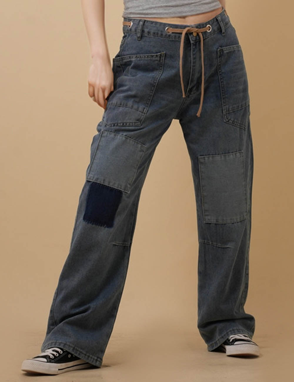 Ladies String Tie Jeans Demin Splice Straight Leg Pants 8SKP50370