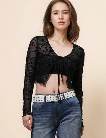 Ladies Floral See Sheer String Tie Mesh Blouse SKT4996