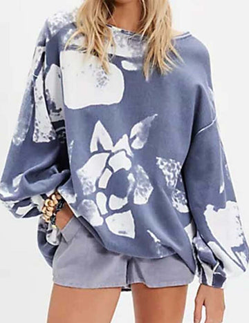 Ladies Color Block Garden Print Long Sleeves Sweatshirt SKT5KC44