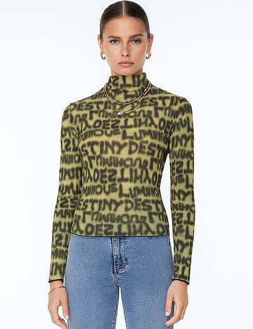 Women Text Print Blouse Y2K See Sheer Layring Top