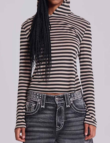 Ladies Hoodie Striped Long Sleeves Knit Layering Top