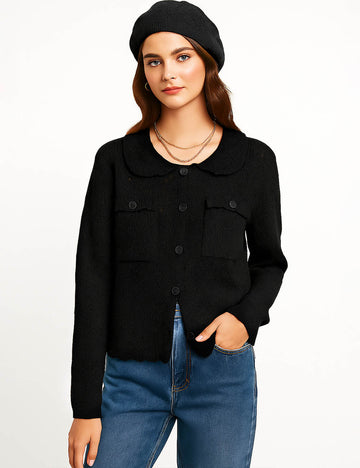 Ladies Diamond Knit Cardigan Hollow Out Peter Collar Sweater Top