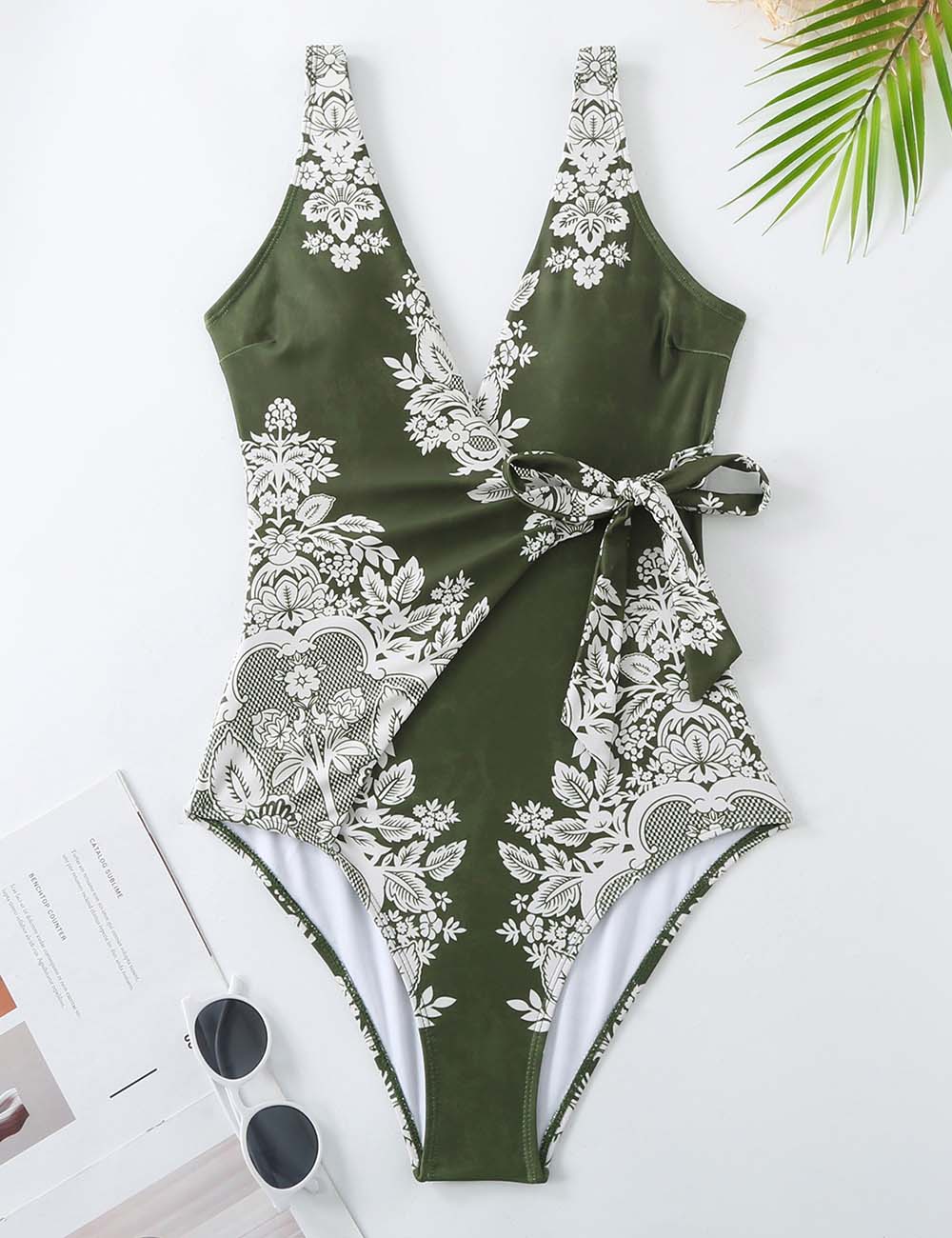 Ladies V-Neck String Tie One Piece Swimwear with Salong