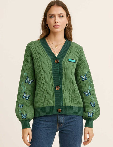 Ladies V-Neck Button Embroidery Chunky Cable Cardigan