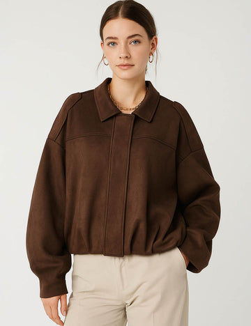 Ladies Faux Suede Shirt Collar Zip-Up Cropped Jacket