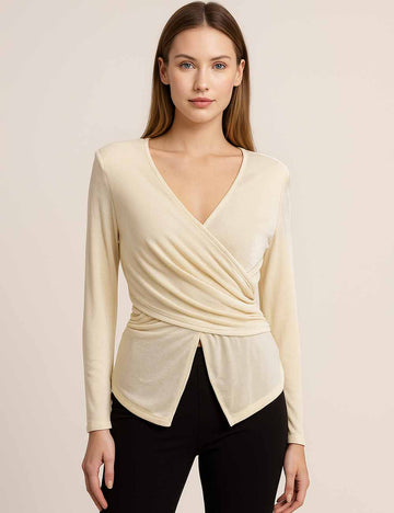 Ladies Solid Color V-Neck Ruched Cross -Over Layering Top