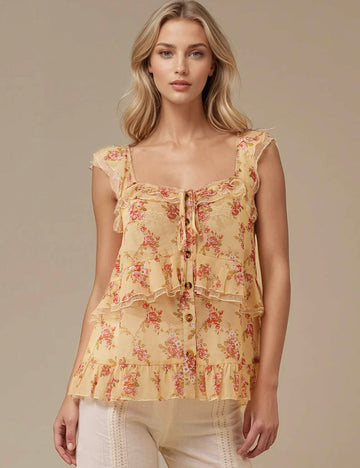 Ladies Romatic Boho See Sheer Ruffle Cami Blouse SKT5K9