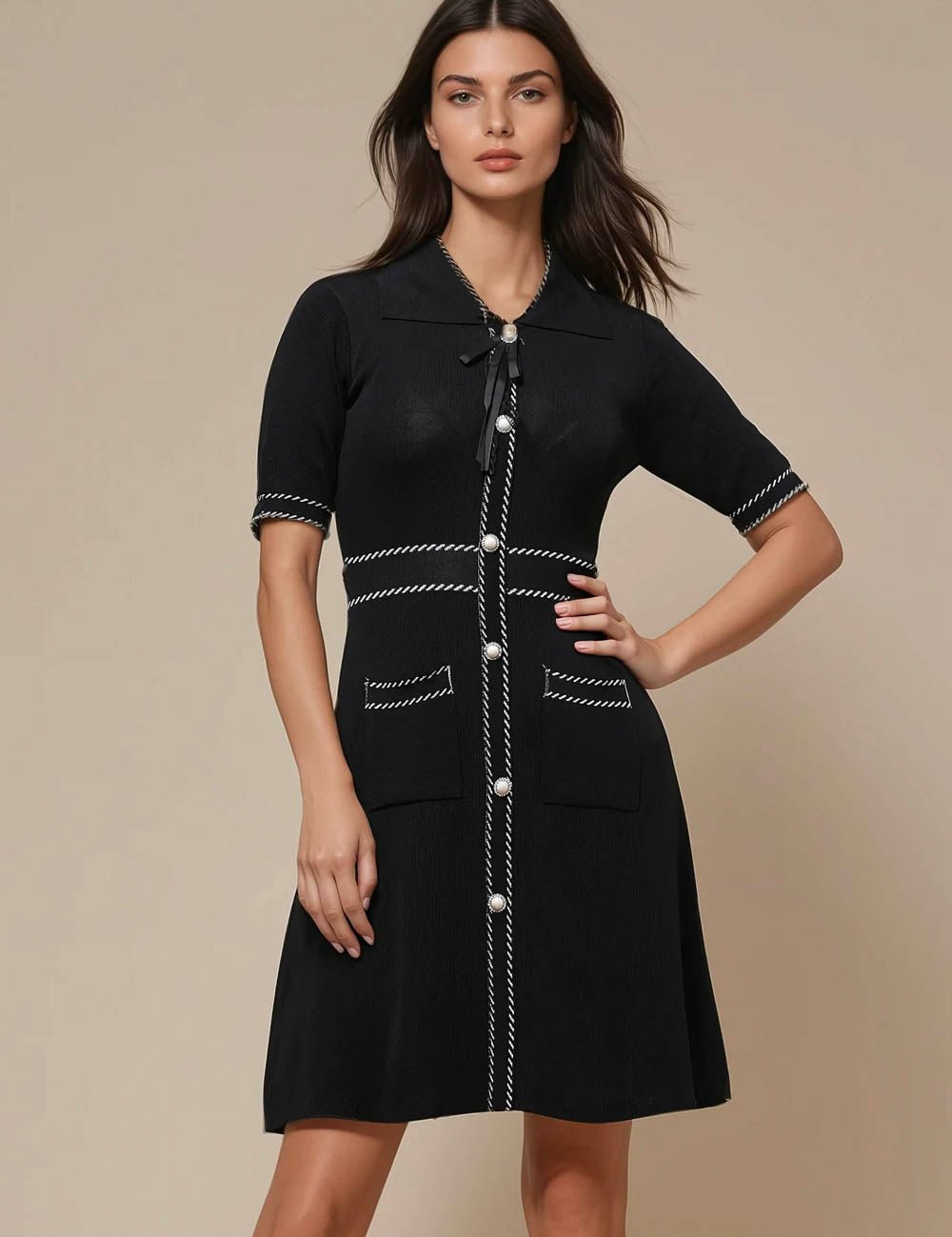 Ladies Turn Down Collar Short Sleeves Button Mini Dress SKD4039