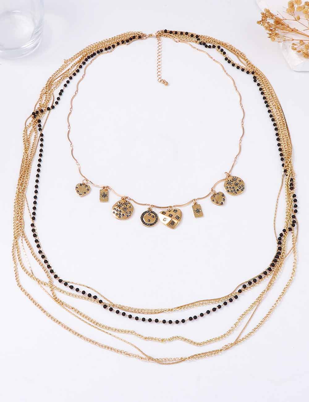 Ladies Multi Layer Beaded Chain Geometric Pendant Necklace