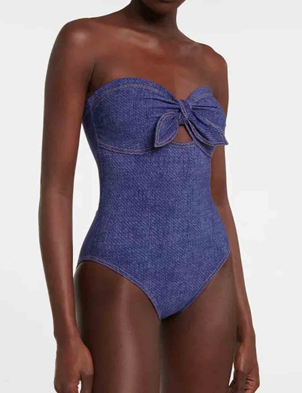 Ladies Bowknot Hollow Out Back Open One Piece Swimwear with Salong