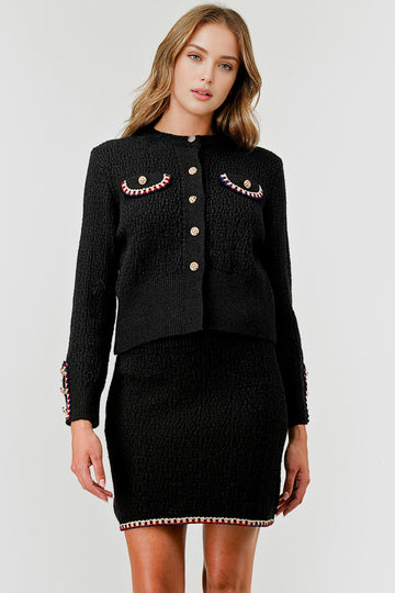 Women Round Neck Knit Sweater Cardigan & Skirt Set