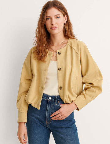 Ladies Faux Suede Button Front Round Neck Cropped Jacket