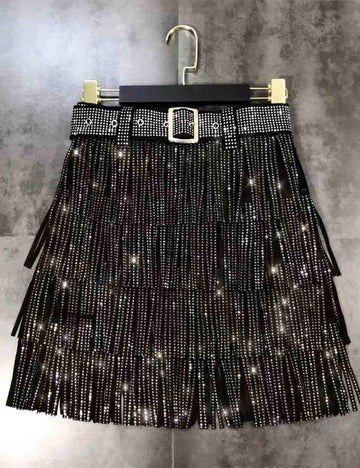 Ladies Fringe Rhinestones Belt Bling Cake Mini Skirt