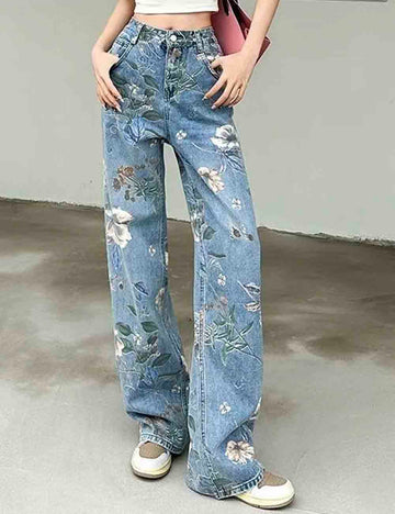 Ladies Floral Print Straight Leg Denim Pants
