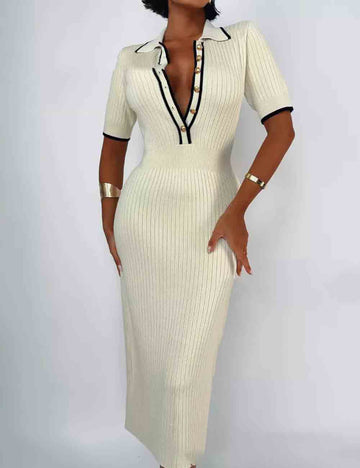Ladies Color Block Knit Lapel Collar Short Sleeves Midi Dress