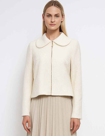 Ladies Solid Color Peter Pan Collar Zip Cropped Jacket