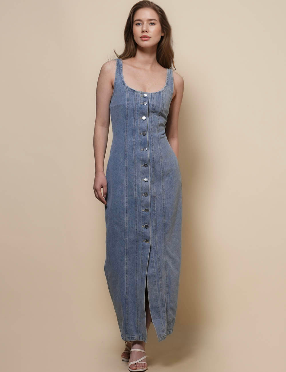 Ladies Square Neck Bottton Denim Midi Dress SKD50063
