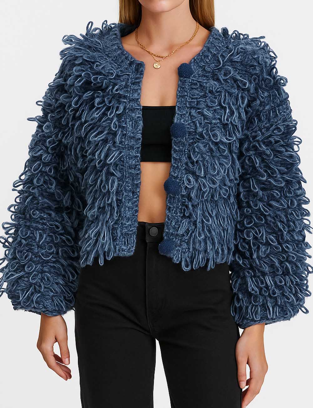 Ladies Shaggy Faux Mohair Fur Button Front Knit Cardigan