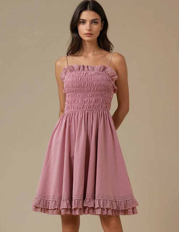 Ladies Solid Color Sleeveless String Shoulder Ruffle Mini Dress